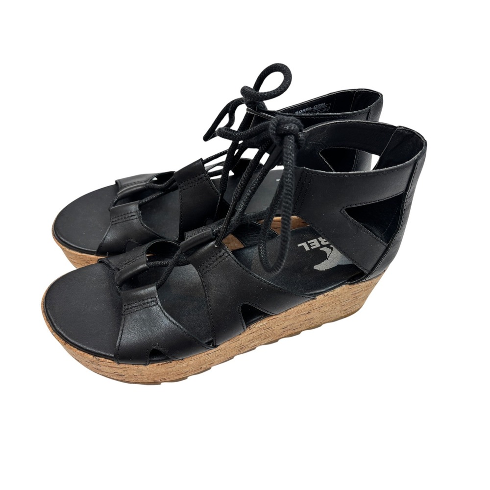 Sorel Joanie II Lace Black Leather Cork Platform Wedge Gladiator Sandals 8.5 - Picture 7 of 11